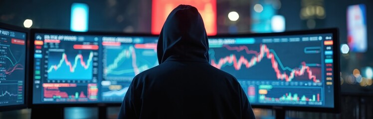 Poster - Futuristic hacker analyzes stock market futures contracts on digital screens. Finance tech expert explores financial data graphs, charts. Cyber security, digital technology concept. Trading,