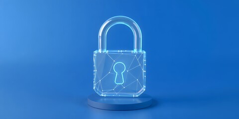 Poster - a transparent padlock with geometric lines on a blue platform against a blue background space