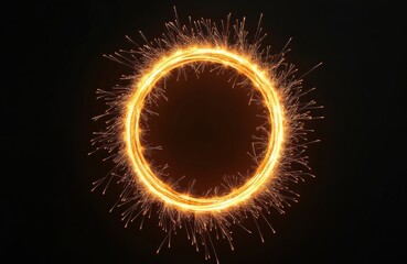 Poster - Glowing ring of sparks against black backdrop. Bright light, orange gold sparks, energy, abstract design. Creative background for events, holidays, party, celebration. Bright firework circle.