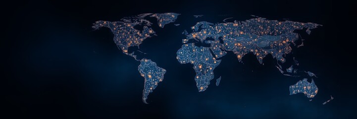 Poster - digital world map with glowing nodes and circuit board patterns on a dark blue background