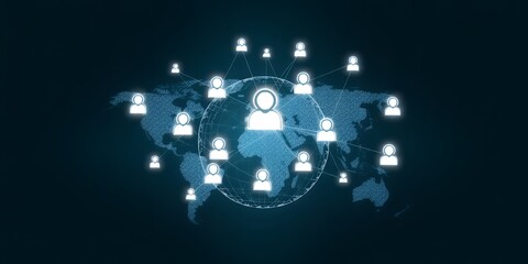 Poster - Network of people connected globally with world map and digital lines on dark background
