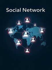 Poster - Illustration of a social network with user icons connected over a world map background