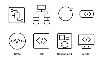 Set of eight icons: diagram, hierarchy, arrows, code, pulse, programming, interface, display.