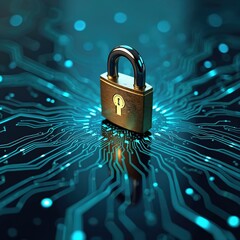 Poster - Padlock on circuit board. Secure login protects from cyber attacks. Data protection, internet server network safety. Digital security, information technology, cryptography, data privacy, blockchain
