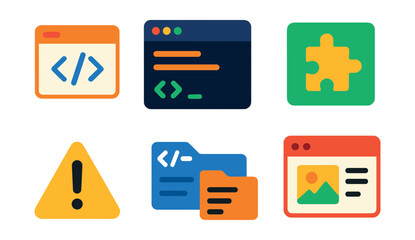 Set of icons: coding, code window, puzzle, warning, folder, webpage.