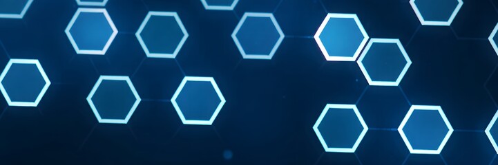 Poster - a dark blue background filled with glowing white outlined hexagons in a scattered arrangement
