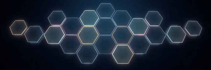 Poster - a cluster of glowing hexagons arranged in a pattern against a dark blue gradient background