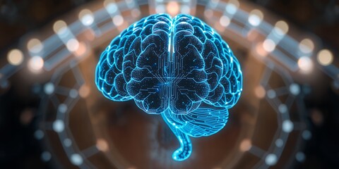 Poster - Glowing blue brain with circuit details surrounded by interconnected nodes and lines design