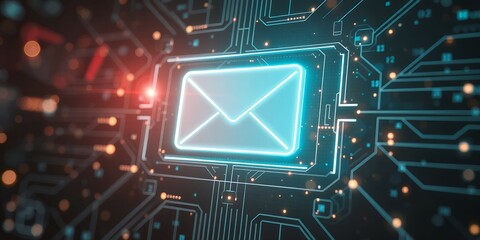 Poster - Glowing envelope icon on a circuit board representing digital communication and connectivity