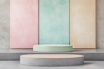 Aufkleber - Pastel panels with round platforms in a studio setting ideal for product display and presentation space