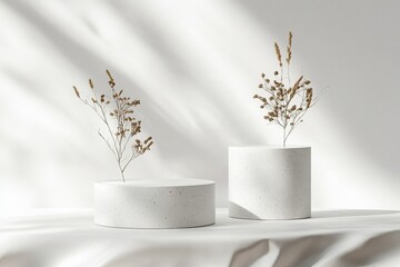 Poster - Two concrete pedestals with dried floral arrangements in a minimalist white studio setting with shadows