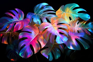 Poster - Iridescent monstera leaves arranged against a dark background with a glossy and vibrant appearance