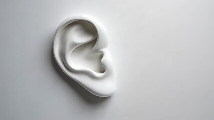 Poster - White anatomical ear model rotating slowly on a minimal white background, perfect for medical and educational presentations related to hearing and auditory health