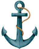 Watercolor-style teal anchor with rope on a transparent background.