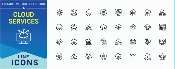 Poster - Cloud Services vector icon set. Cloud Computing line icon set. Networking outline symbol collection. Icons for UI designs. Editable stroke. Vector collection.