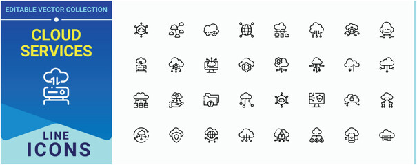 Poster - Cloud Services vector icon set. Cloud Computing line icon set. Networking outline symbol collection. Icons for UI designs. Editable stroke. Vector collection.