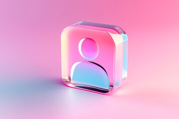 Poster - A glass cube with a person icon inside illuminated by pink and blue gradients on a pink background