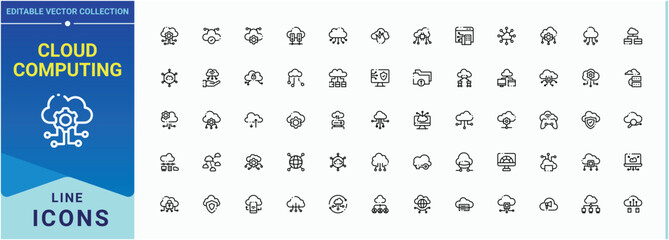 Poster - Cloud Computing icon. Contains such icons as computing, technology, internet, networking, cloud, computer and more. Thin UI icons. Compute related icon set. Editable stroke collections.