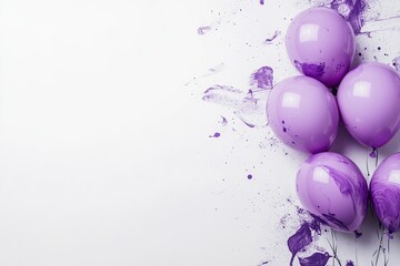 Poster - Lilac balloons with paint splatters on a white surface creating a festive and artistic background look
