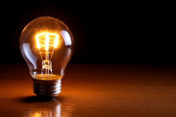Poster - Bright lightbulb illuminating a dark background creates a warm atmosphere with glowing filament