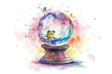 Poster - Watercolor painting of a frog sitting inside a crystal ball on a stand with colorful splashes