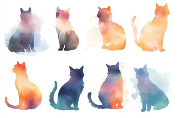 Poster - Watercolor painting of eight cats in various colors sitting on a white background in a row pattern