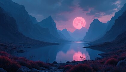 Poster - Illustrative dark landscape of alien planet. Huge moon glows above water with violet sky. Dramatic mountain range. Surreal digital fantasy art style. Mysterious atmosphere.