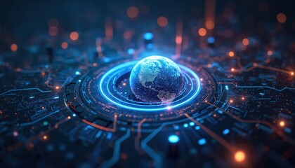 Poster - Futuristic digital illustration business solutions concept. Earth globe inside motherboard circuit. Tech graphic design for software, applications, data analytics, innovative high technology business