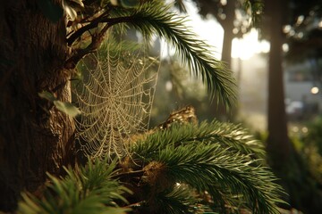 Poster - A mesmerizing spiderweb glistens with morning dew, suspended amongst lush greenery, creating a delicate and intricate pattern against the soft sunlight filtering through the trees.