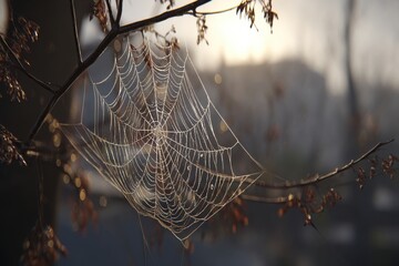 Poster - Delicate spiderweb adorned with dewdrops, glittering in the sunlight, creating a natural artwork amidst the branches, a captivating scene of fragile beauty in nature.