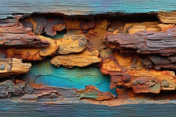 Poster - a close-up of weathered and decaying wood with vibrant colors, revealing textures and abstract patte