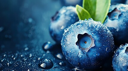 Wall Mural -   Blueberries atop wet table with leaf on top