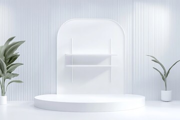 Aufkleber - A white product display stage with plants and shelves against a textured white background paneling setup