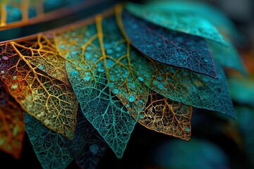 Poster - Close-up of multi-colored skeletal leaves showing intricate vein patterns and water droplets, creating a stunning abstract organic texture with natural light and shadows, botanical.