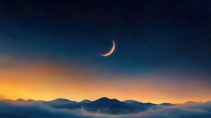 Wall Mural - a crescent moon glows brightly against a dark sky, framing a range of towering mountains that stretc