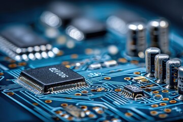 Poster - macro shot showcasing the intricate details of a blue circuit board with integrated circuits and cap