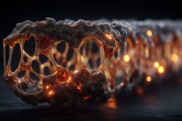 Poster - A mesmerizing close-up of an intricate, porous structure featuring dark, granular textures and amber-toned, translucent cavities, illuminated by warm, ethereal light.