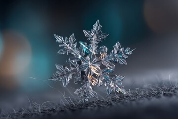 Aufkleber - An amazing macro shot of a single, perfectly formed snowflake, with intricate details and reflective surfaces shining, resting on a textured, dark blue background.