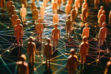 Poster - Wooden figures standing on a network of interconnected lines representing a social network concept 100c
