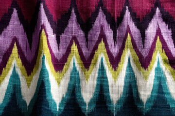Poster - A vibrant and textured fabric featuring a colorful zig-zag pattern, creating an eye-catching design with shades of red, purple, yellow, white and teal.