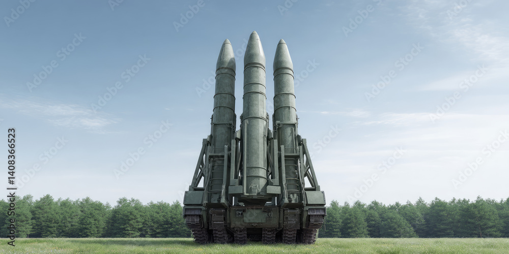 Missile launch system with rockets, military defense strength. Arming ...