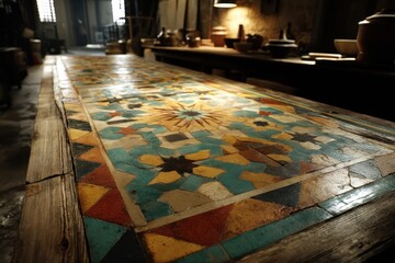 Poster - intricate geometric mosaic pattern on a long wooden table, showcasing vibrant colors and detailed cr