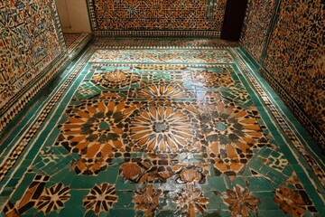 Poster - an intricate mosaic tile design featuring geometric and floral patterns adorns the walls and floor, 