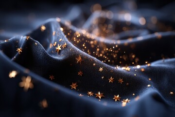 Poster - Elegant dark blue silk fabric with scattered gold stars and bokeh lights, creating a festive and luxurious textile background for holiday season celebrations.