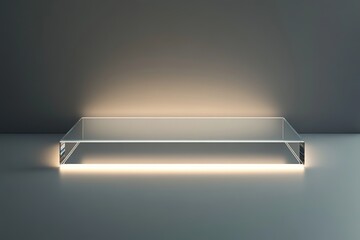 Poster - Illuminated clear rectangular platform against a gray wall in a minimalist studio setting scene