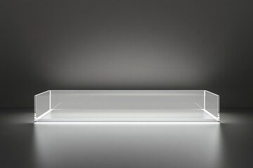Aufkleber - A clear rectangular display case on a reflective surface against a gray gradient backdrop scene view