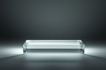 Poster - A clear glass rectangular prism resting on a reflective surface with a dark gray background behind it