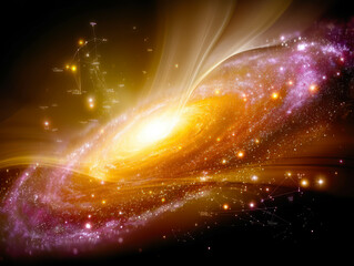 Poster - Galaxy spiral blooms within a radiant book as symbols and constellations dance toward the cosmos