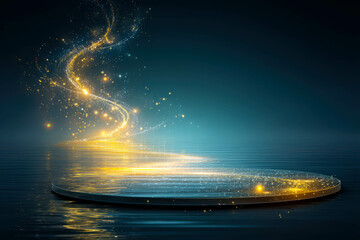 Poster - Golden light spirals upward from a black stone pedestal in the depths of the cosmos