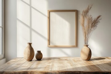 Aufkleber - Decorative vases and minimalistic artwork enhance a bright, contemporary interior during midday sunlight in a cozy living space